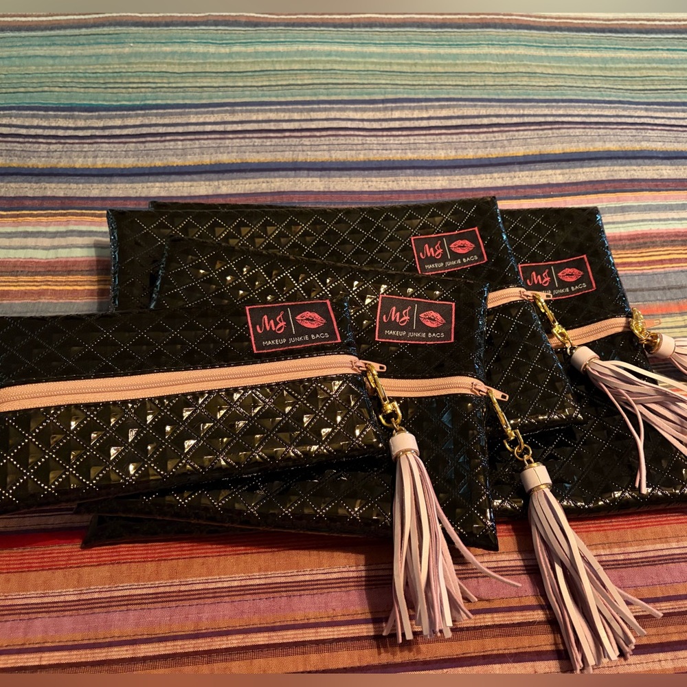 Makeup Junkie Bags Black Quilted Cosmetic Pouch with Pink Tassel